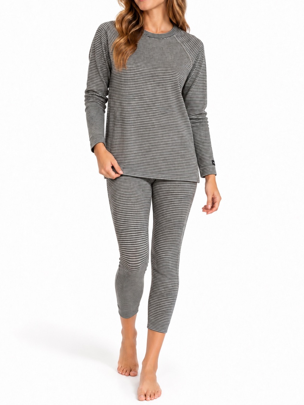 Lucky Brand Gray White Stripe 2 Piece Thermal Base Layer Pajama Set